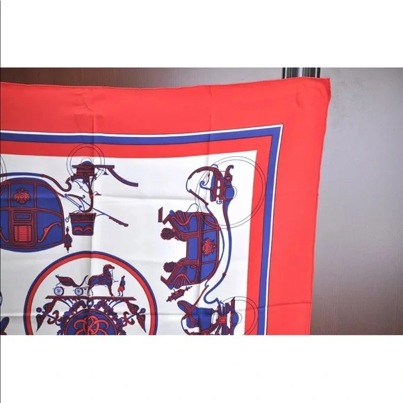 Authentic HERMES Carre 90 Scarf Carriage Motif Silk Red Fort of July colors - Picture 4 of 12